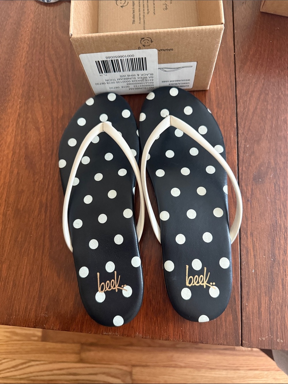 Beek Black Polka Dot Flip Flop Sandals with Cream Straps